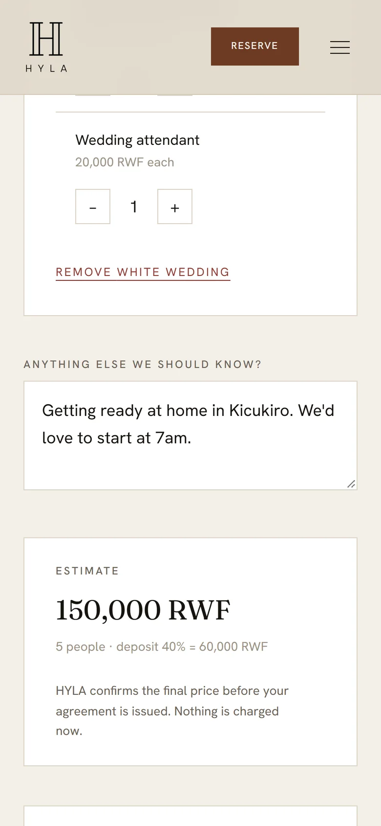 The HYLA booking page on a phone, showing the live price estimate and the deposit