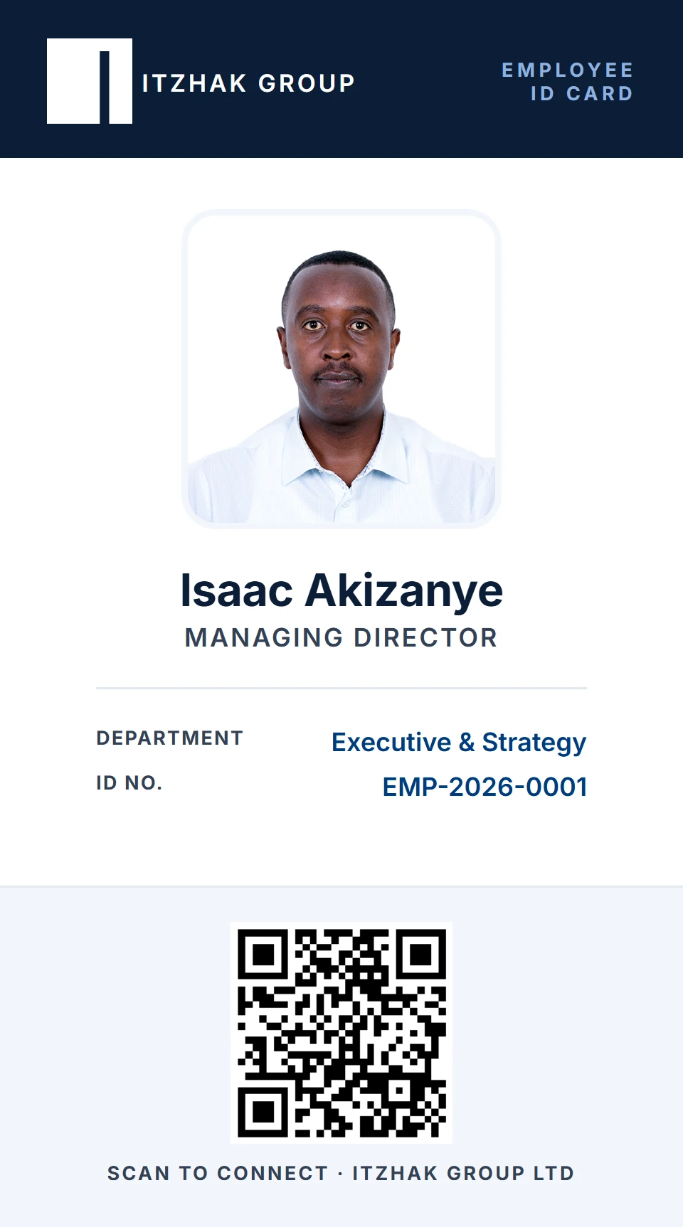 A staff ID badge made by the management system, for Isaac Akizanye