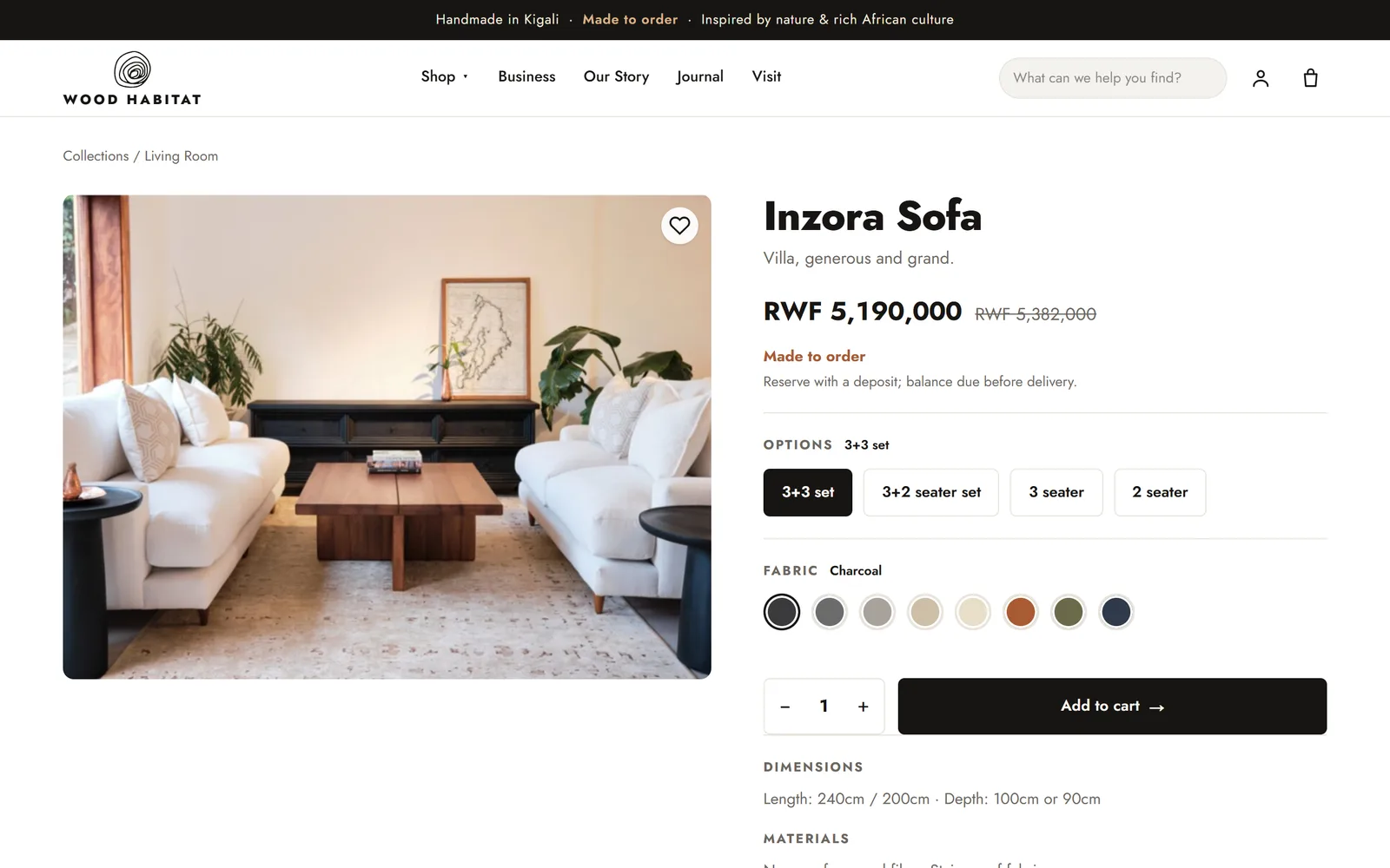 A product page on the Wood Habitat website, with the sofa's price, options and fabric choices